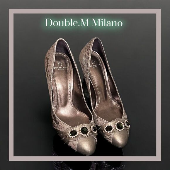 DOUBLE M MILANO Metallic Silver Python Print Statement Crystal Rhinestone Heels - Picture 6 of 11